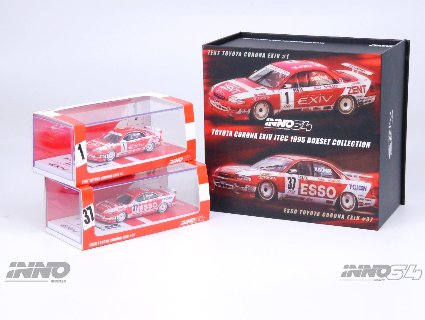 INNO64 1/64 TOYOTA CORONA EXIV #1 "ZENT" JTCC 1995 M. SEKIYA and #37 "ESSO" JTCC 1995 M. KRUMM Box Set
