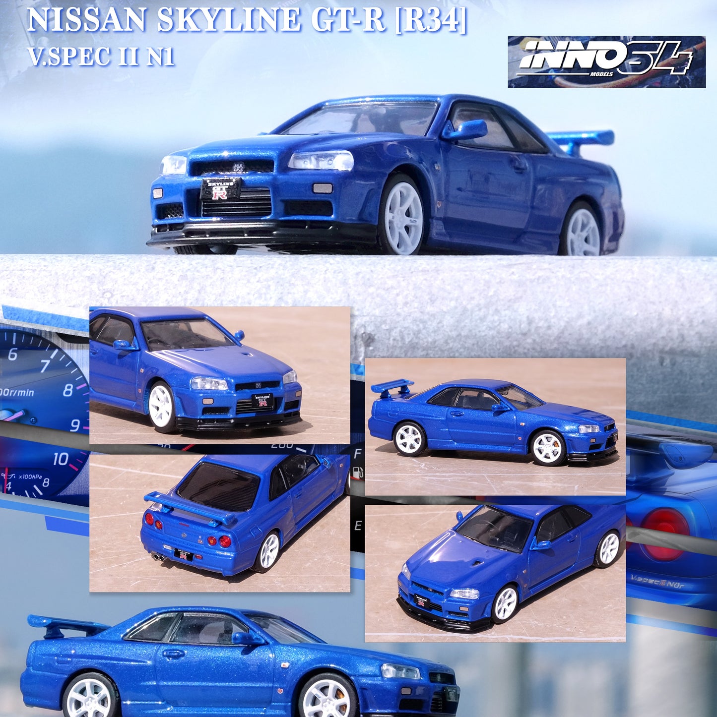 INNO64 1/64 NISSAN SKYLINE GT-R (R34) V-Spec II Nur Bayside Blue IN64-R34VS-BLU