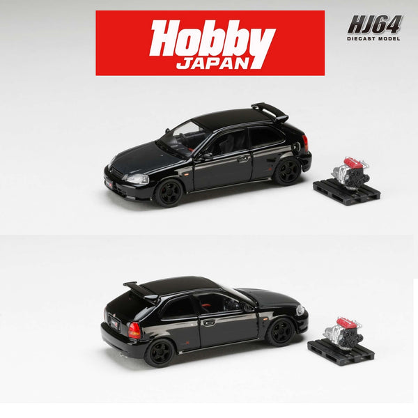 HOBBY JAPAN 1/64 Honda CIVIC TYPE R (E-EK9) 1997 Customized Ver. with Engine Black Pearl HJ643016BBK