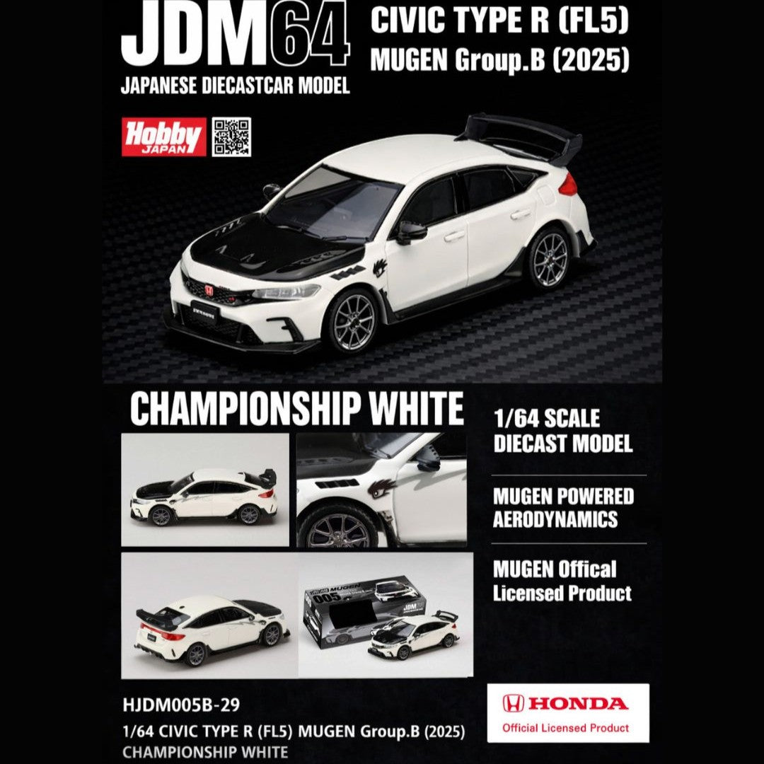 PREORDER  HOBBY JAPAN JDM64 1/64 CIVIC TYPE R (FL5) MUGEN Group.B (2025) - CHAMPIONSHIP WHITE HJDM005B-29 (Approx. Release Date : Q4 2026 subjects to the manufacturer's final decision)