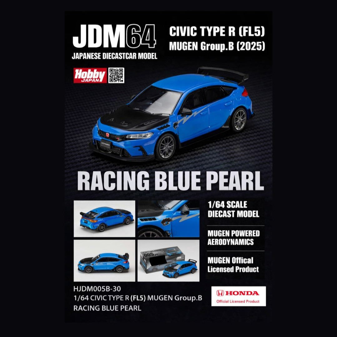 PREORDER  HOBBY JAPAN JDM64 1/64 CIVIC TYPE R (FL5) MUGEN Group.B (2025) - RACING BLUE PEARL  HJDM005B-30 (Approx. Release Date : Q4 2026 subjects to the manufacturer's final decision)