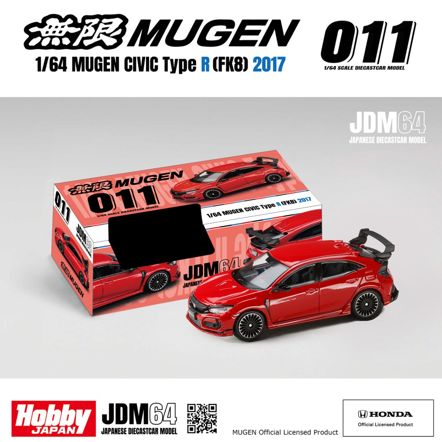 PREORDER HOBBY JAPAN JDM64 1/64 MUGEN CIVIC TYPE R (FK8) 2017 - Flame Red HJDM011-25 (Approx. Release Date : Q1 2027 subjects to the manufacturer's final decision)