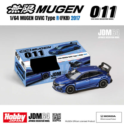 PREORDER HOBBY JAPAN JDM64 1/64 MUGEN CIVIC TYPE R (FK8) 2017 - Racing Blue Pearl HJDM011-24 (Approx. Release Date : Q1 2027 subjects to the manufacturer's final decision)
