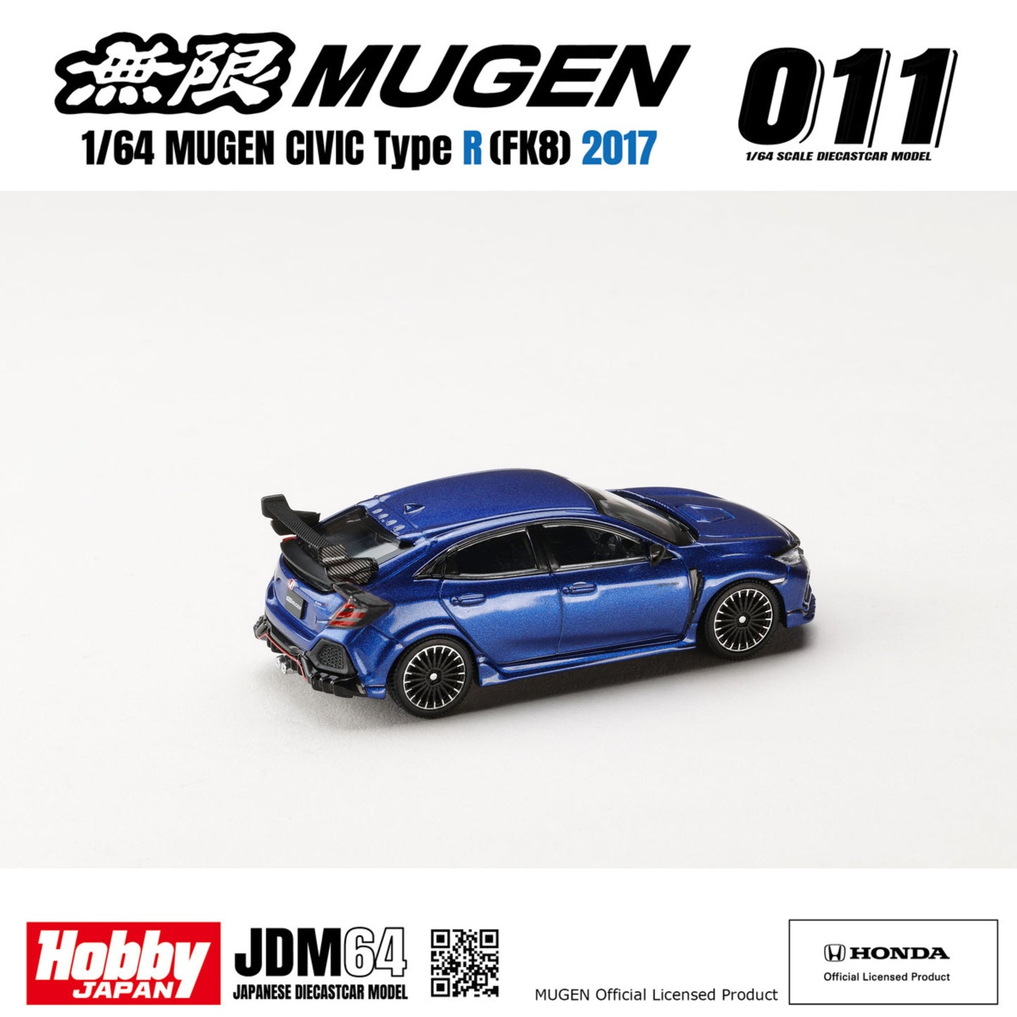PREORDER HOBBY JAPAN JDM64 1/64 MUGEN CIVIC TYPE R (FK8) 2017 - Racing Blue Pearl HJDM011-24 (Approx. Release Date : Q1 2027 subjects to the manufacturer's final decision)