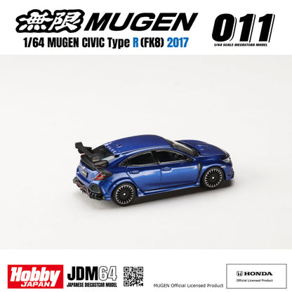 PREORDER HOBBY JAPAN JDM64 1/64 MUGEN CIVIC TYPE R (FK8) 2017 - Racing Blue Pearl HJDM011-24 (Approx. Release Date : Q1 2027 subjects to the manufacturer's final decision)