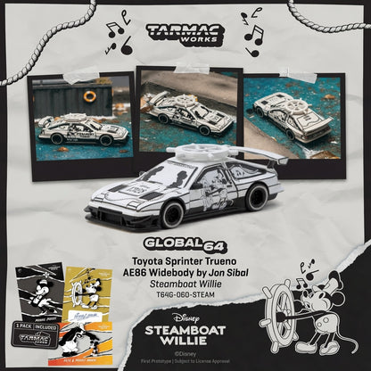 PREORDER Tarmac Works 1/64 Toyota Sprinter Trueno AE86 Widebody by Jon Sibal Mickey & Friends Steamboat Willie - Model Car + Tarmac Cards Combo Set T64G-060-STEAM (Approx. Release Date :  Q1 2027 subject to manufacturer's final decision)