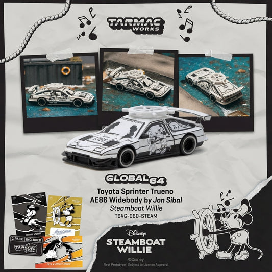 PREORDER Tarmac Works 1/64 Toyota Sprinter Trueno AE86 Widebody by Jon Sibal Mickey & Friends Steamboat Willie - Model Car + Tarmac Cards Combo Set T64G-060-STEAM (Approx. Release Date :  Q1 2027 subject to manufacturer's final decision)