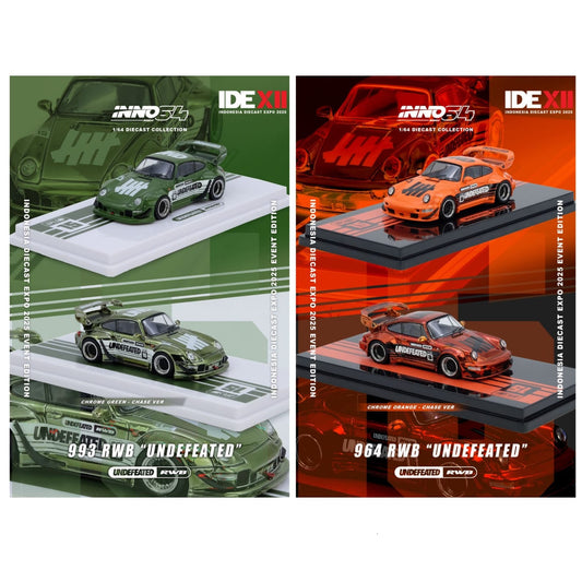 INNO64 1/64 RWB 993 Undefeated Orange and RWB 964 Undefeated Green (Set of 2) IDE 2025 Exclusive Event Model **Chase Cars are randomly packed**
