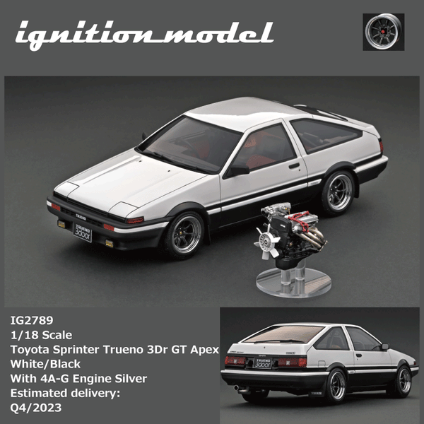 Ignition Model 1/18 Toyota Sprinter Trueno 3Dr GT Apex White/Black With 4A-G Engine Silver IG2789