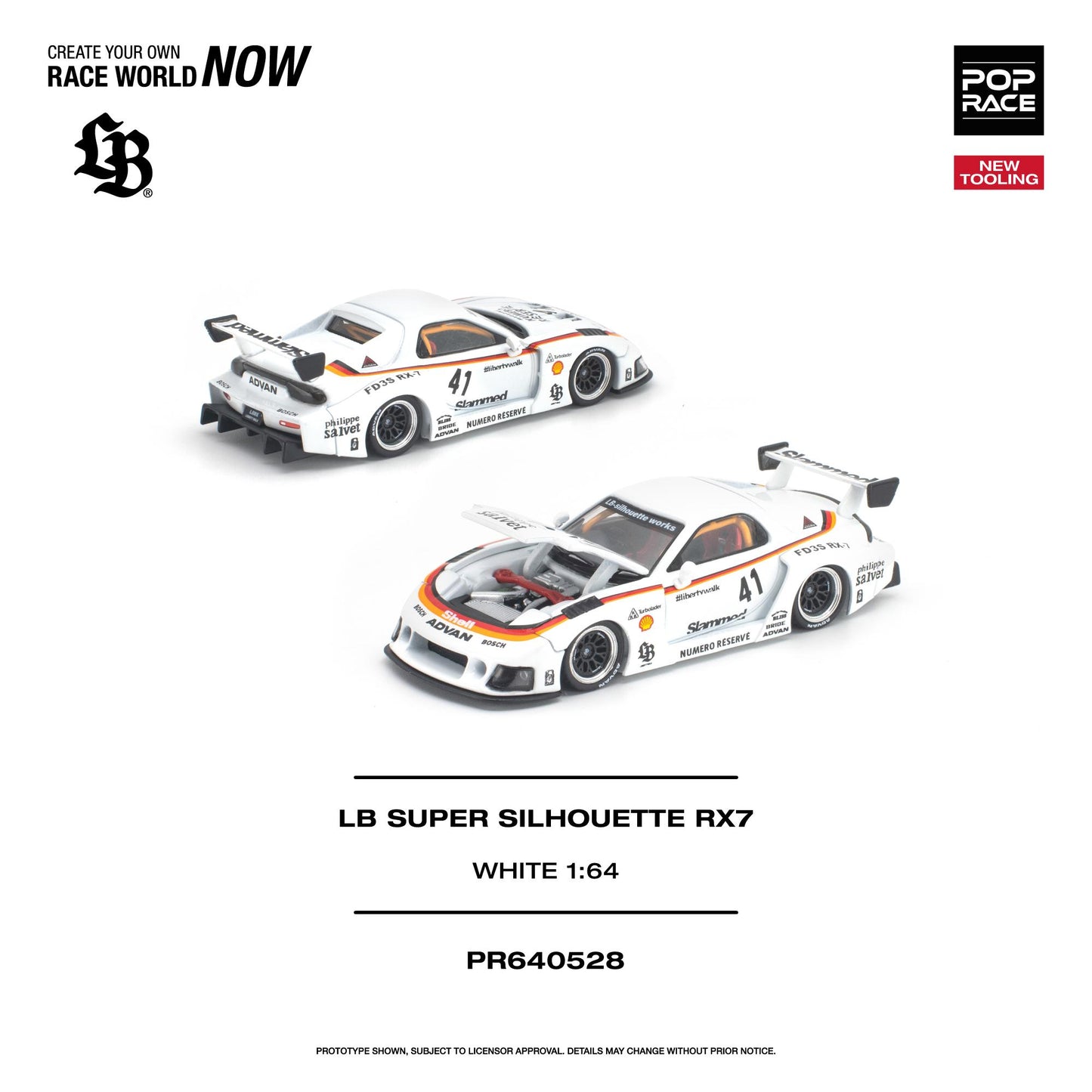 PREORDER POPRACE 1/64 LB SUPER SILHOUETTE RX7 (FD3S) WHITE NEW TOOLING PR640528 (Approx. Release Date: Q4 2026 and subject to the manufacturer's final decision)