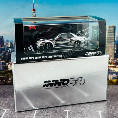 INNO64 1/64 NISSAN SKYLINE GT-R (R34) NISMO R-Tune Silver Chrome Hobby Expo China 2023 Event Edition IN64-R34RT-SCH