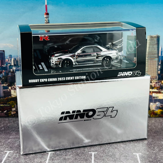 INNO64 1/64 NISSAN SKYLINE GT-R (R34) NISMO R-Tune Silver Chrome Hobby Expo China 2023 Event Edition IN64-R34RT-SCH
