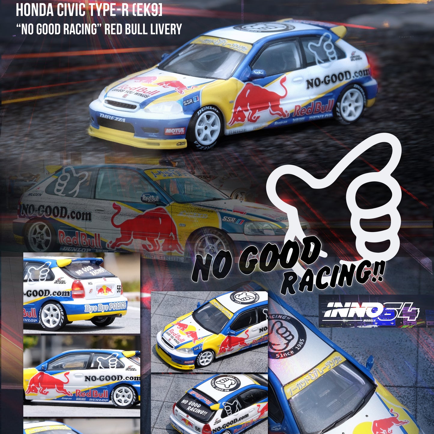 INNO64 1/64 HONDA CIVIC Type-R (EK9) "NO GOOD RACING" Red Bull Livery IN64-EK9-JDM14