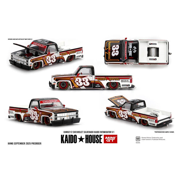 PREORDER MINI GT x Kaido House 1/64 Chevrolet Silverado KAIDO Intimidator V1 – White w/ Brown Two-tone KHMG212 (Approx. Release Date : Q4 2025 subject to manufacturer's final decision)