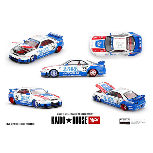 PREORDER MINI GT x Kaido House 1/64 Nissan Skyline GT-R (R33) BFTHR V1 – White w/ Blue Two-tone KHMG213 (Approx. Release Date : Q4 2025 subject to manufacturer's final decision)