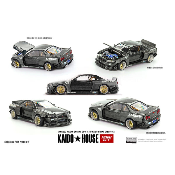 PREORDER MINI GT x Kaido House 1/64 Nissan Skyline GT-R (R34) Kaido Works GReddy V2 – Black w/ Carbon KHMG222 (Approx. Release Date : Q4 2025 subject to manufacturer's final decision)