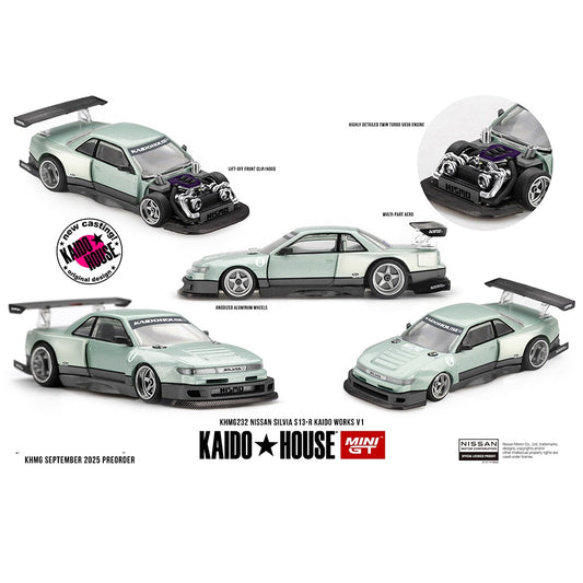 PREORDER MINI GT x Kaido House 1/64 Nissan Silvia S13-R KAIDO WORKS V1 – Sea Foam Green KHMG232 (Approx. Release Date : Q4 2025 subject to manufacturer's final decision)
