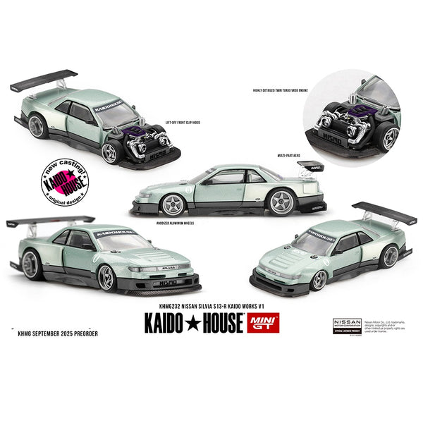 PREORDER MINI GT x Kaido House 1/64 Nissan Silvia S13-R KAIDO WORKS V1 – Sea Foam Green KHMG232 (Approx. Release Date : Q4 2025 subject to manufacturer's final decision)