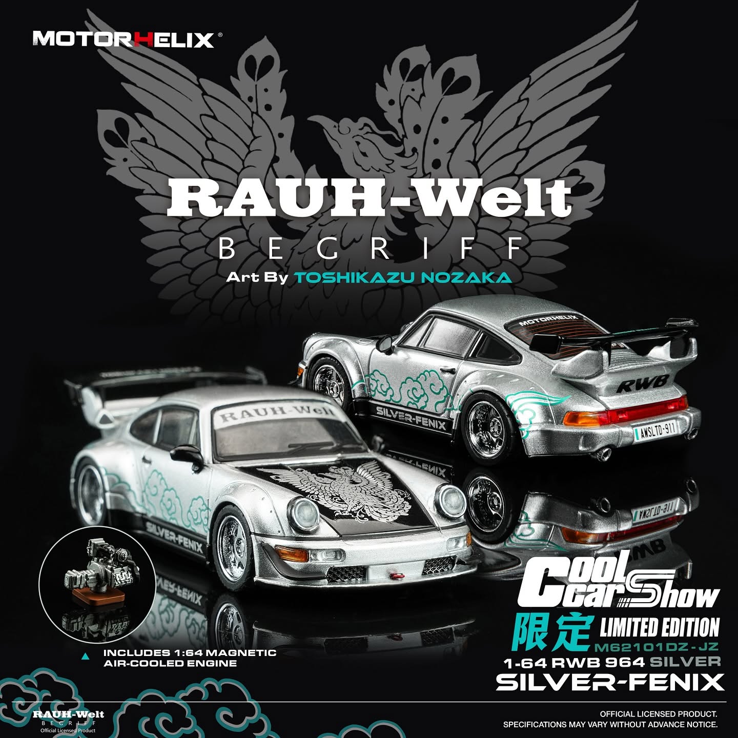MOTORHELIX 1/64 MOTORHELIX RWB 911 (964) Silver-Fenix + separate air-cooled 964 engine CoolCarShow limited edition M62101DZ-JZ
