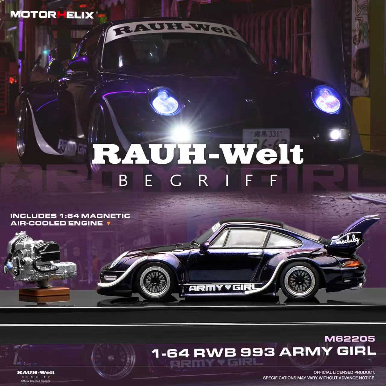 PREORDER Motorhelix 1/64 RWB 993 Army Girl with magnetic air-cooled engine M62205 (Approx. Release Date: Q2 2026 and subject to the manufacturer's final decision)