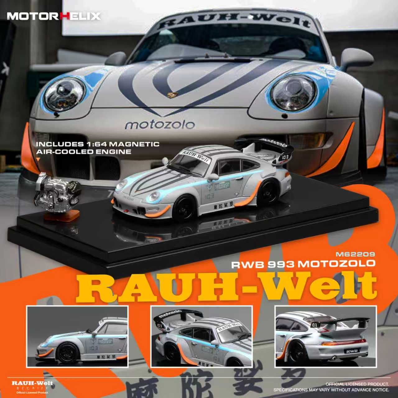 PREORDER Motorhelix 1/64 RWB 993 MOTOZOLO  with magnetic air-cooled engine M62209 (Approx. Release Date: Q2 2026 and subject to the manufacturer's final decision)
