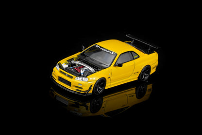 PREORDER Motorhelix 1/64 Nissan Skyline GT-R (R34) Custom Edition - Lightning Yellow Custom with GT Aero Kit M63475 (Approx. Release Date: Q3 2026 and subject to the manufacturer's final decision)