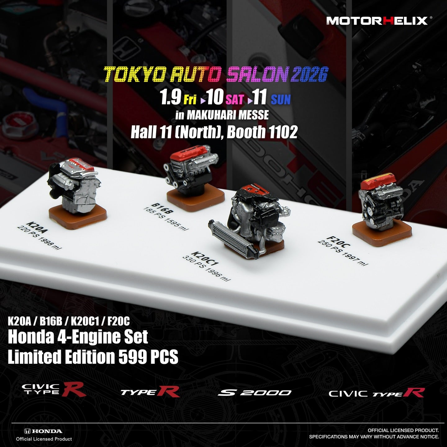 Motorhelix 1/64 HONDA Engine set of 4 TAS 2026 M96011DZ-TAS