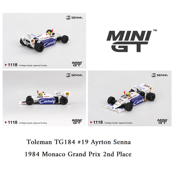 PREORDER MINI GT 1/64 Toleman TG184 #19 Ayrton Senna 1984 Monaco Grand Prix 2nd Place MGT01118-BL (Approx. Release Date : Q4 2025 subject to manufacturer's final decision)
