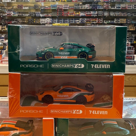 MINICHAMPS 1/64 Porsche 911 (992.2) GT3 - 2026 Orange and Green (Taiwan 7-ELEVEN Exclusive 2026) Set of 2 **Limited ONE set per customer**