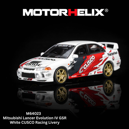 Motorhelix 1/64 Mitsubishi Lancer Evolution IV GSR White CUSCO Racing Livery M64023