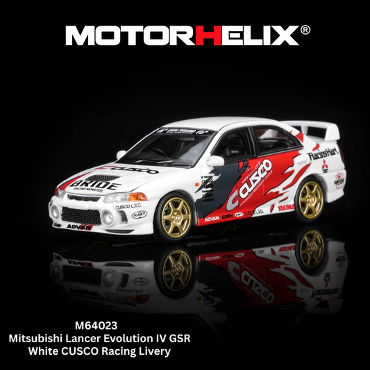 Motorhelix 1/64 Mitsubishi Lancer Evolution IV GSR White CUSCO Racing Livery M64023