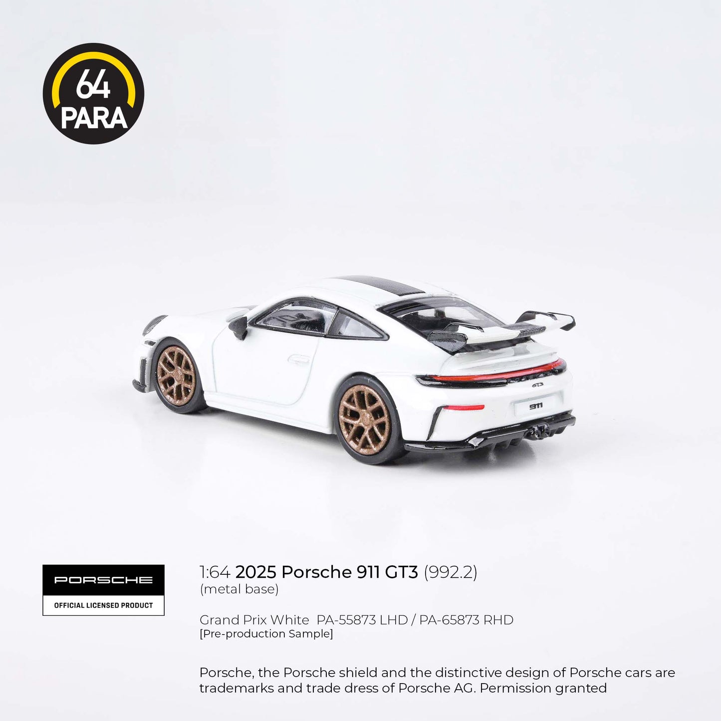 PARA64 1/64 2025 Porsche 911 GT3 (992.2) Grand Prix White w/ photo etch wheels LHD PA-55873
