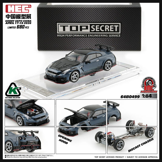 KKK 1/64 Top Secret R35 GT-R GREY BLUE with Carbon Bonnet (HEC 2026 Limited Version) RHD Top Secret official licensed / Number Plated) 64B0499