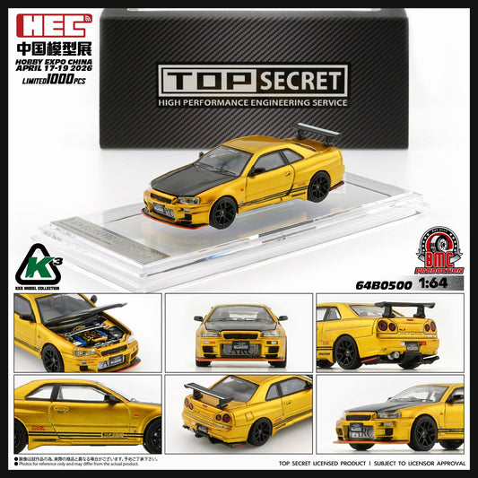 KKK 1/64 Top Secret BNR34 GOLD with Carbon Bonnet (HEC 2026 Limited Version) RHD Top Secret official licensed / Number Plated) 64B0500