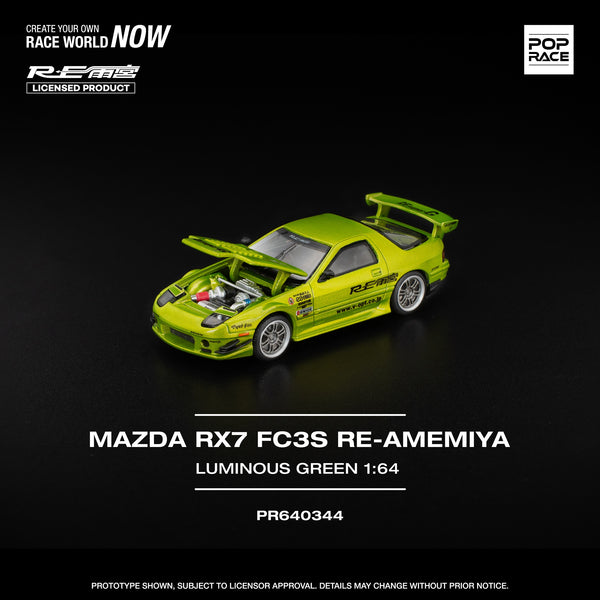 PREORDER POPRACE 1/64 MAZDA RX7 FC3S RE-AMEMIYA LUMINOUS GREEN  PR640344 (Approx. Release Date: Q4 2025 and subject to the manufacturer's final decision)
