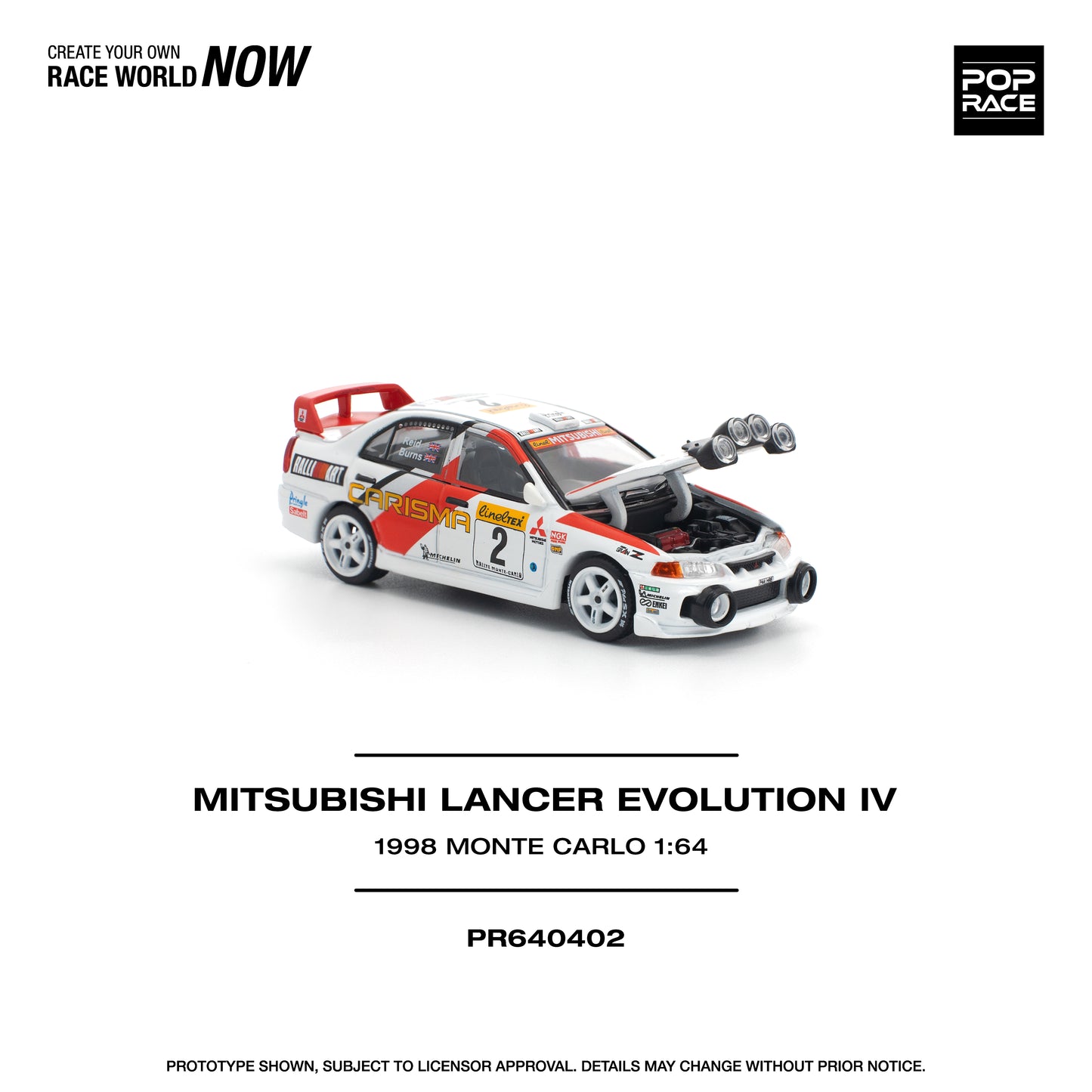 PREORDER POPRACE 1/64 MITSUBISHI LANCER EVOLUTION IV - 1998 MONTE CARLO RALLY PR640402 (Approx. Release Date: Q1 2026 and subject to the manufacturer's final decision)