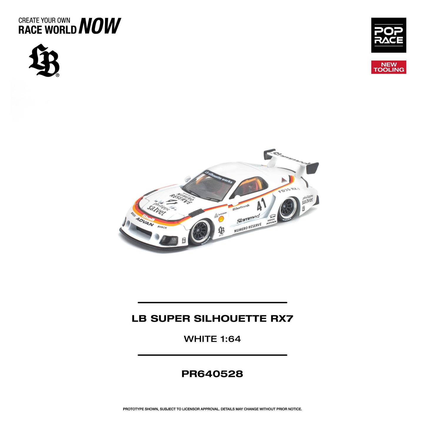 PREORDER POPRACE 1/64 LB SUPER SILHOUETTE RX7 (FD3S) WHITE NEW TOOLING PR640528 (Approx. Release Date: Q4 2026 and subject to the manufacturer's final decision)
