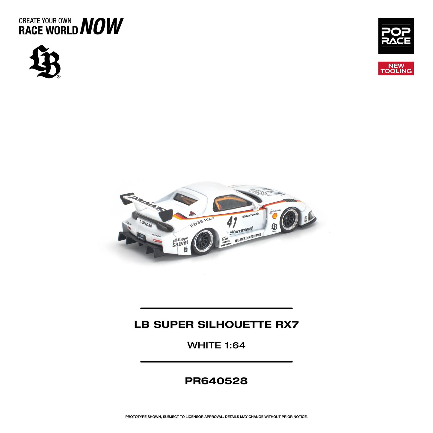 PREORDER POPRACE 1/64 LB SUPER SILHOUETTE RX7 (FD3S) WHITE NEW TOOLING PR640528 (Approx. Release Date: Q4 2026 and subject to the manufacturer's final decision)
