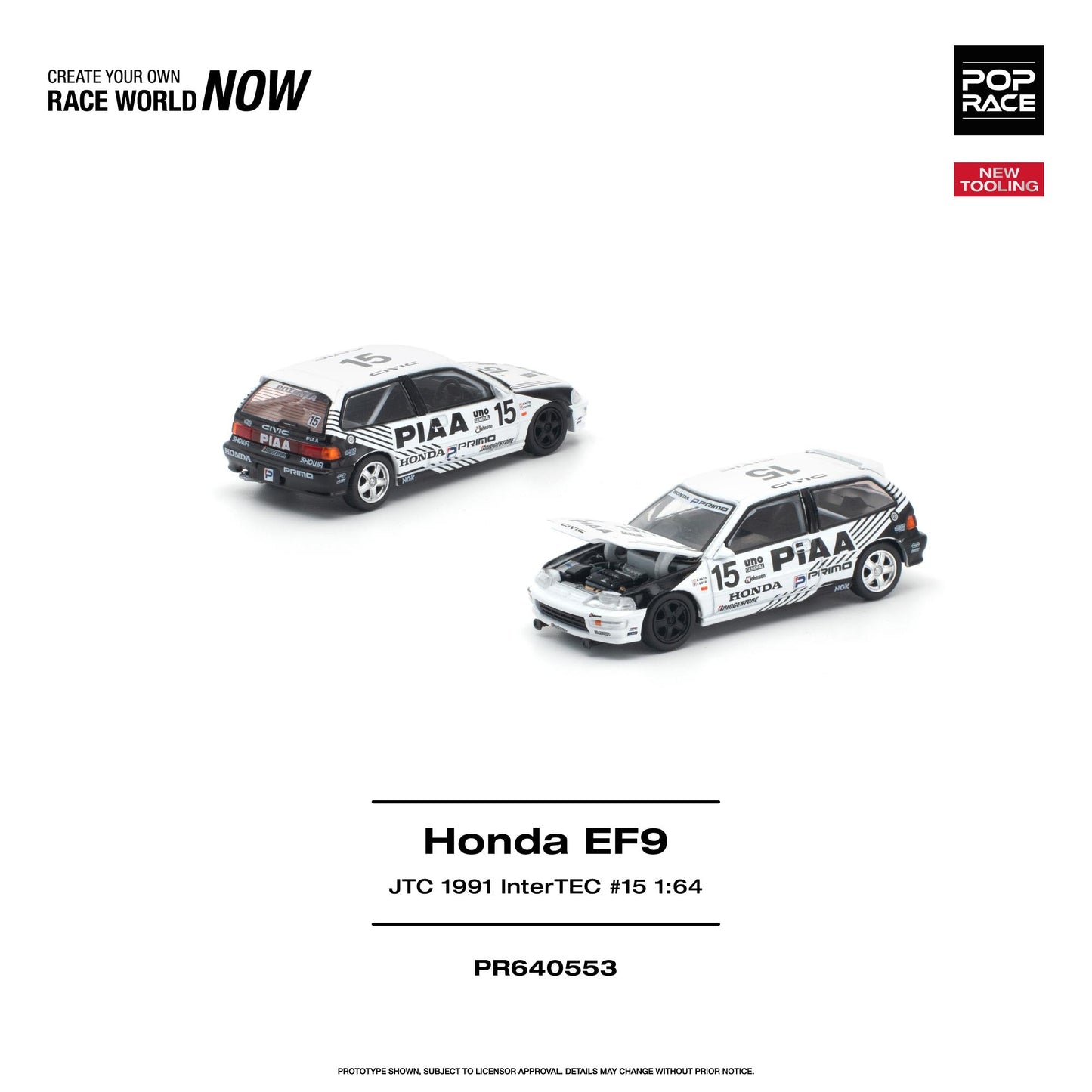 PREORDER POPRACE 1/64 HONDA CIVIC (EF9) #15 JTC 1991 InterTEC NEW TOOLING PR640553 (Approx. Release Date: Q1 2027 and subject to the manufacturer's final decision)