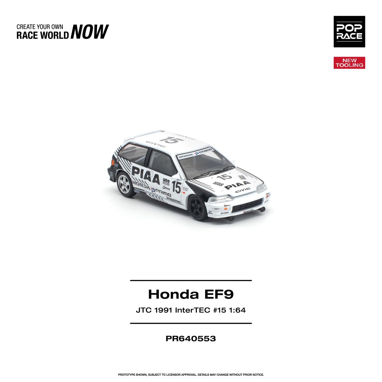 PREORDER POPRACE 1/64 HONDA CIVIC (EF9) #15 JTC 1991 InterTEC NEW TOOLING PR640553 (Approx. Release Date: Q1 2027 and subject to the manufacturer's final decision)