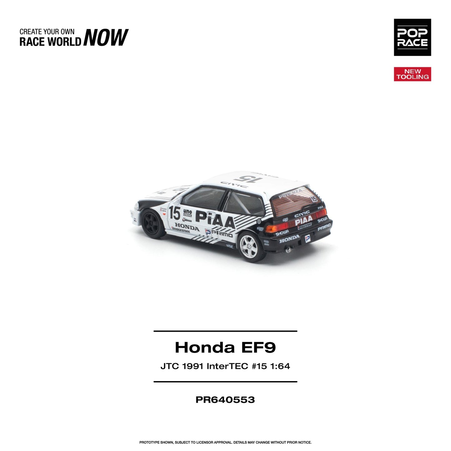 PREORDER POPRACE 1/64 HONDA CIVIC (EF9) #15 JTC 1991 InterTEC NEW TOOLING PR640553 (Approx. Release Date: Q1 2027 and subject to the manufacturer's final decision)