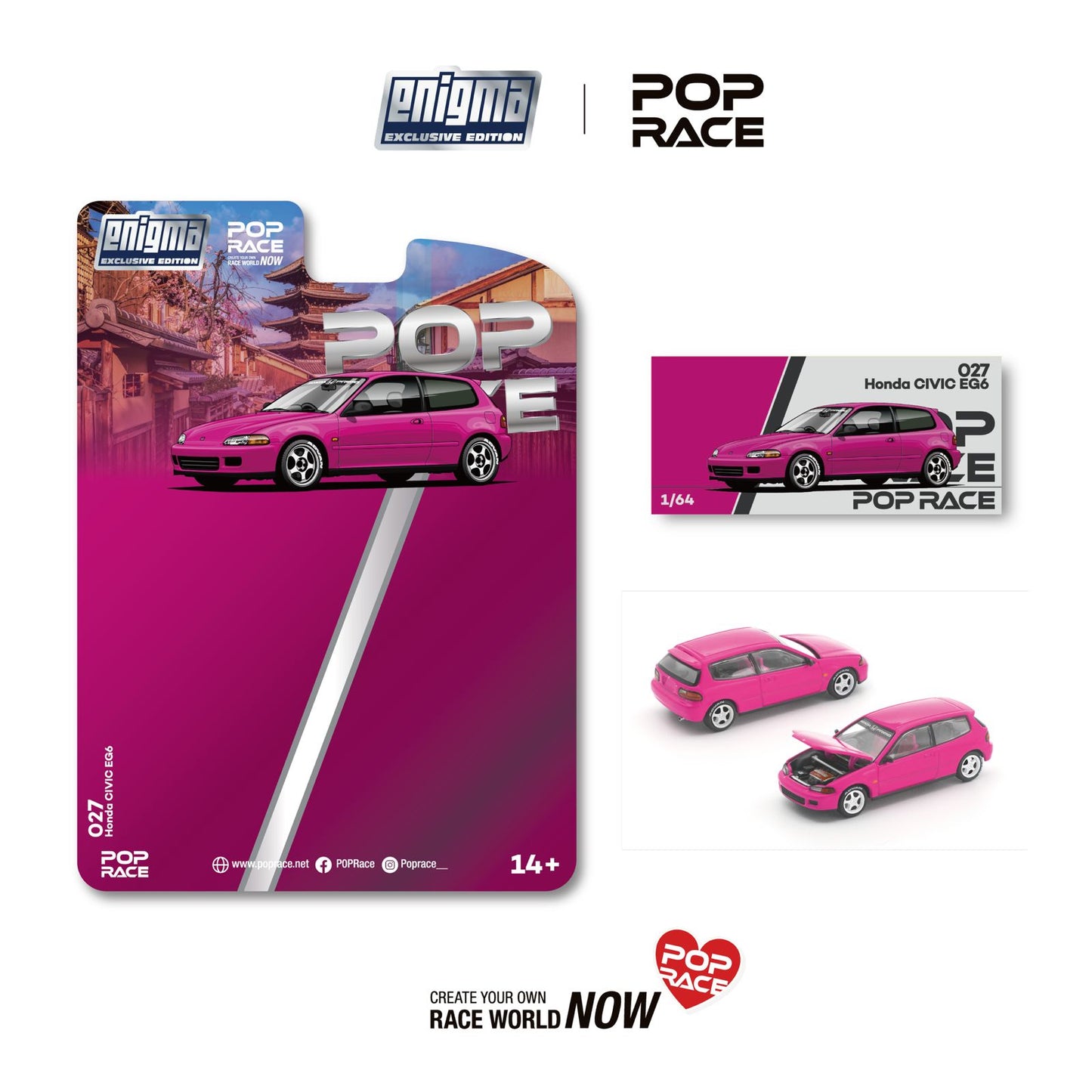 PREORDER POPRACE 1/64 HONDA CIVIC EG6 - PINK (enigma exclusive edition) PRE027 (Approx. Release Date: Q3 2026 and subject to the manufacturer's final decision)