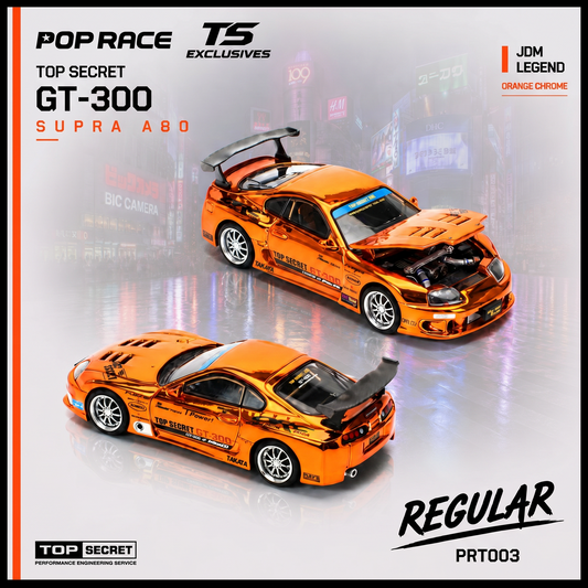 PREORDER POPRACE x TOKYO STATION (TS) Exclusives 1/64 TOP SECRET SUPRA A80 GT300 ORANGE CHROME PRT003 (Approx. Release Date: Q4 2026 and subject to the manufacturer's final decision) **Chase cars are randomly packed**