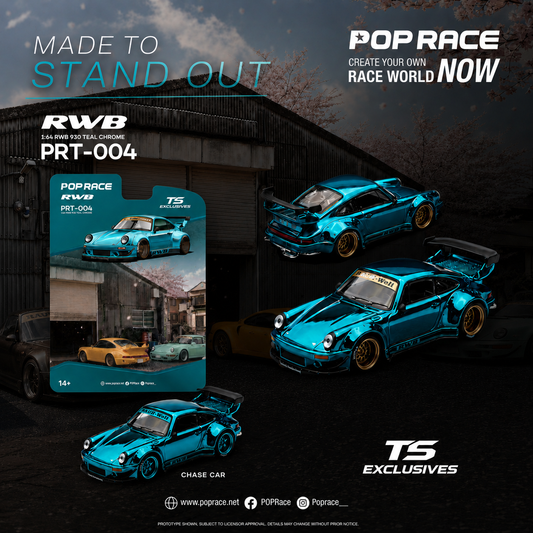 PREORDER POPRACE x TOKYO STATION (TS) Exclusives 1/64 RWB 930 TEAL CHROME PRT004 (Approx. Release Date: Q4 2026 and subject to the manufacturer's final decision) **Chase cars are randomly packed**