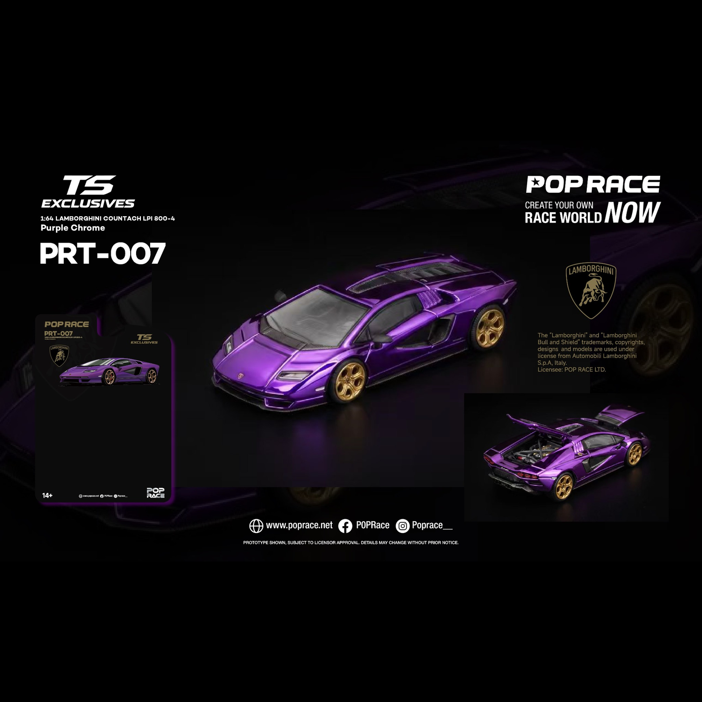 PREORDER POPRACE x TS Exclusives 1/64 LAMBORGHINI COUNTACH LPI 800-4 Purple Chrome PRT007 (Approx. Release Date: Q2 2027 and subject to the manufacturer's final decision) **Chase cars are randomly packed**