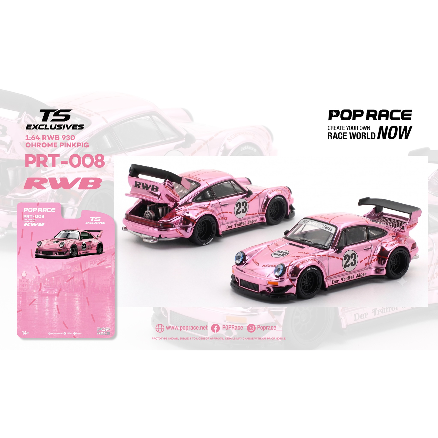PREORDER POPRACE x TS Exclusives 1/64 RWB 930 CHROME PINK PIG PRT008 (Approx. Release Date: Q2 2027 and subject to the manufacturer's final decision) **Chase cars are randomly packed**