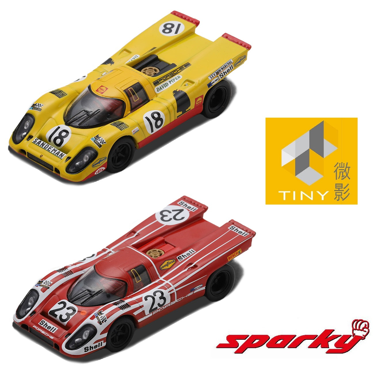 SPARKY x TINY 1/64 Porsche 917K SHELL COMBO - Le Mans winner 1970 & SHELL 24h Le Mans 1970 Piper/Van Lennep #18
