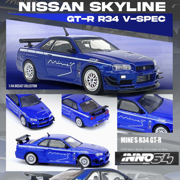 PREORDER INNO64 1/64 NISSAN SKYLINE GT-R (R34) V-SPEC Tuned by "MINE'S" BLUE IN64-R34VS-MINES-BL  (Approx. Release Date : SEPTEMBER 2024 subject to the manufacturer's final decision)