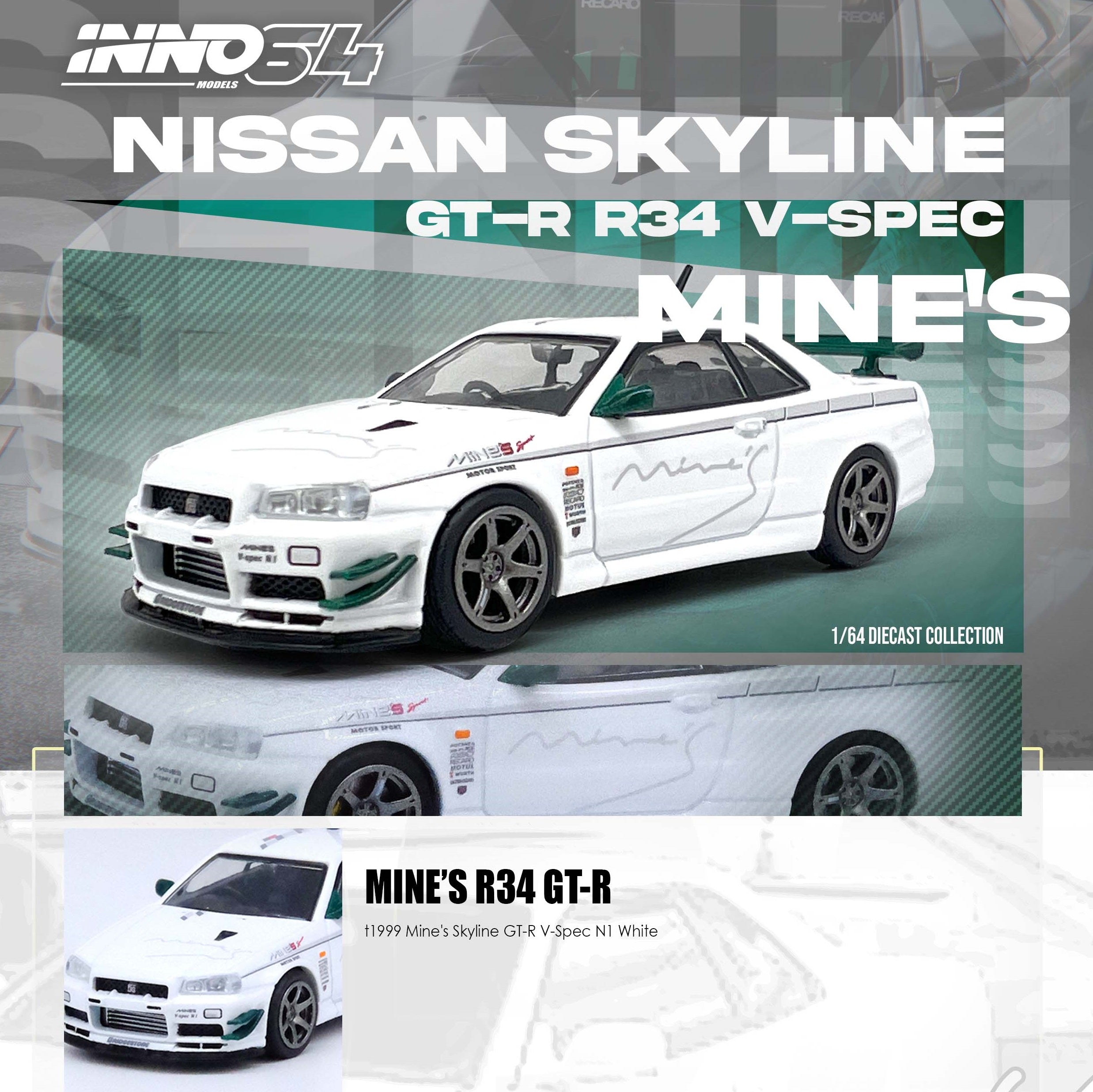 イグニッションモデル1/64　SKYLINE　R34 GT-R V−SpecⅡ INNO64 1/64 NISSAN SKYLINE GT-R (R34) V-SPEC Tuned by 