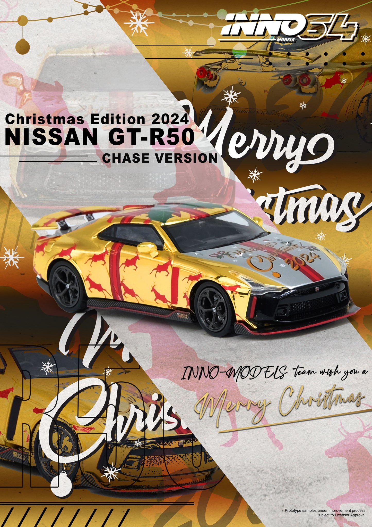 INNO64 1/64 NISSAN GT-R50 "X'MAS 2024" Special Edtion With Chrome Gold Chase Car Limited Production IN64-R50-XMAS24